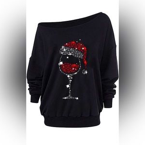 Women’s Red Wine Glass Graphic Print Sweatshirt Loose One Off Shoulder Christmas